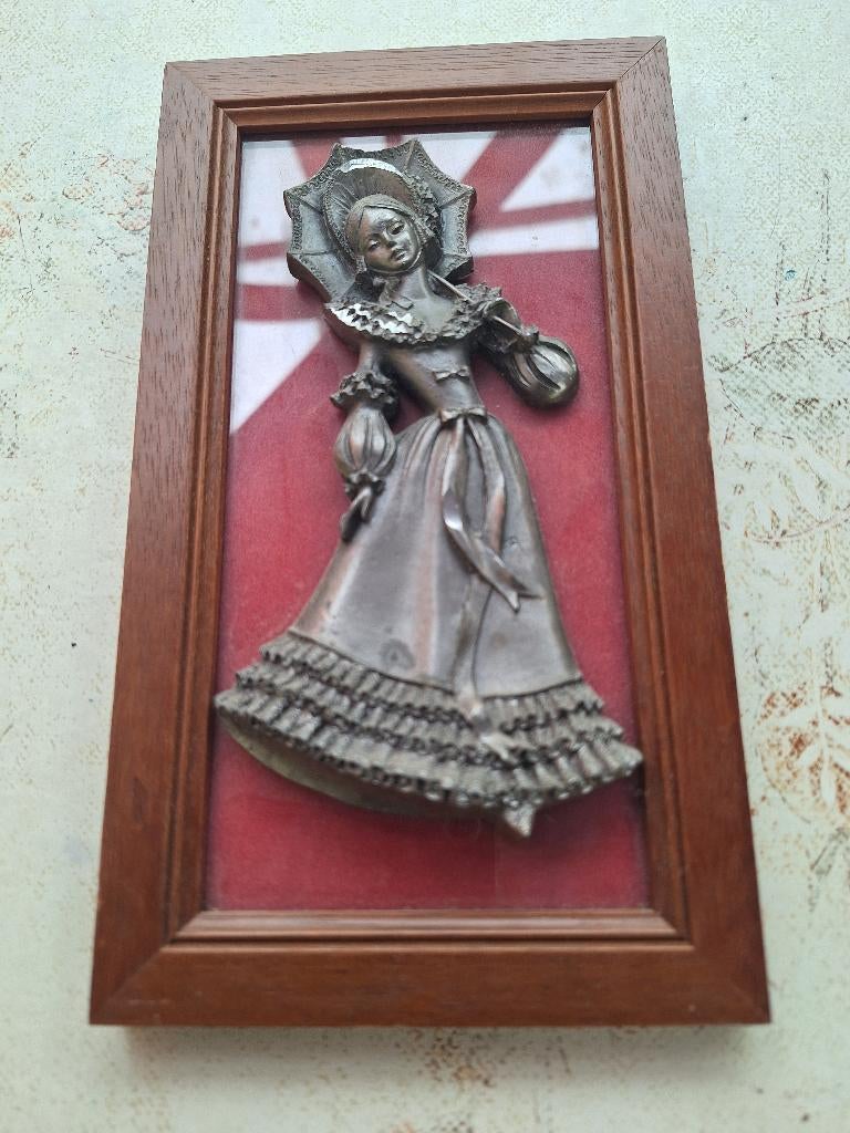 Tinnen vrouw in kader, Antiek en Kunst, Antiek | Tin, Ophalen
