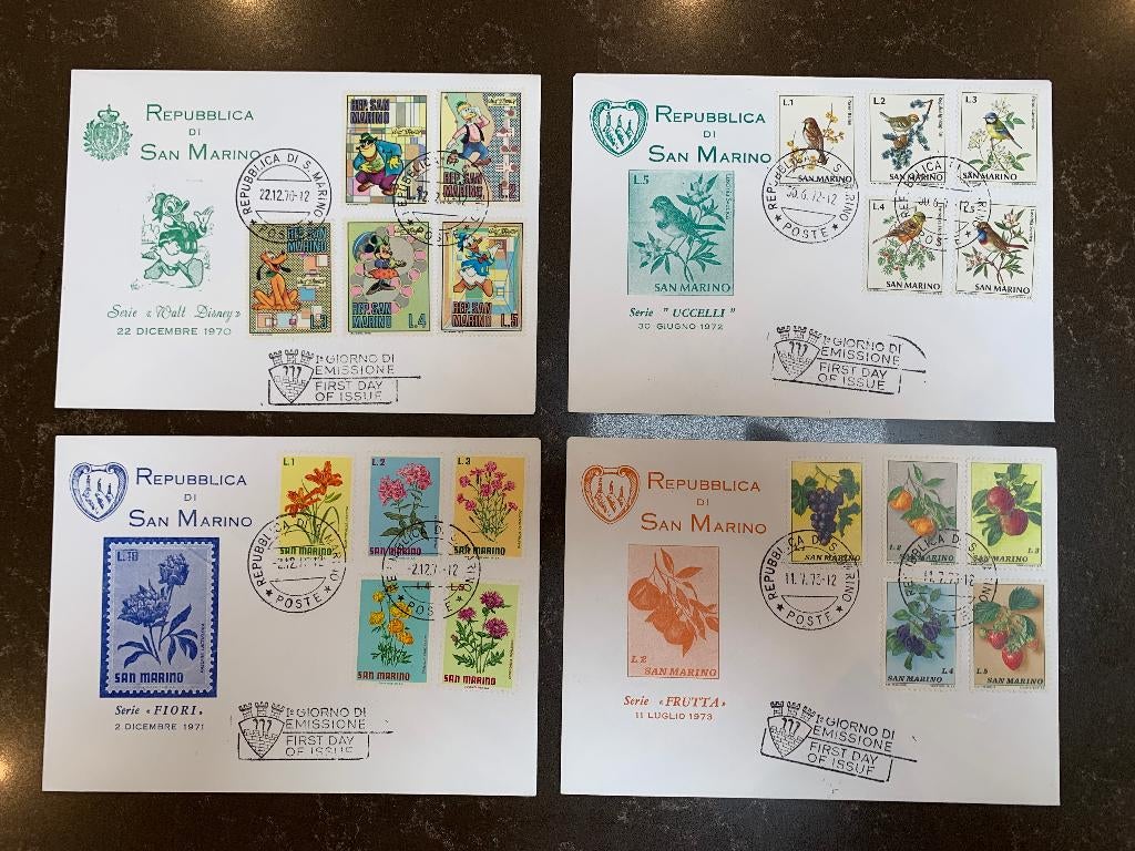 4 Enveloppes premier jour FDC San Marino 1970-1973, Enlèvement ou Envoi, Décrit