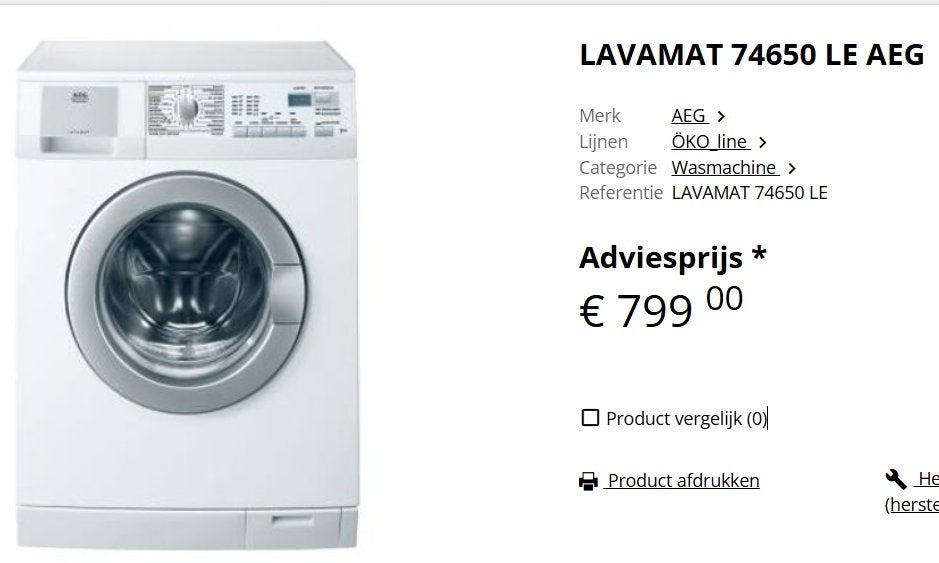 AEG LAVAMAT 74650 LE, 1200 à 1600 tours, 6 à 8 kg, Programme lavage à la main, Chargeur frontal