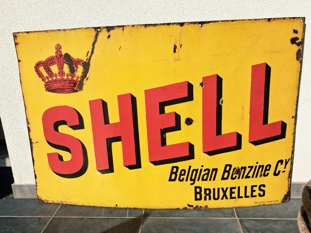 groot emaille reclamebord SHELL Belgian Benzin 1927, Verzamelen, Ophalen, Gebruikt, Reclamebord