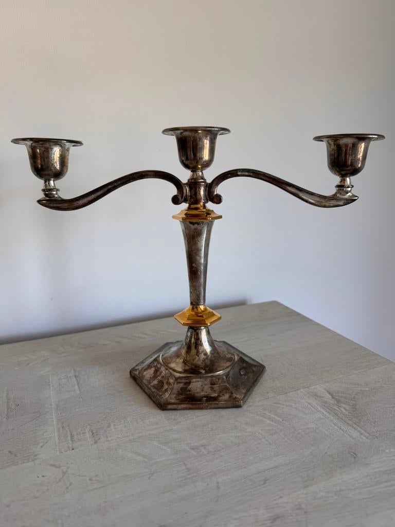 Verzilverde 3-armige kandelaar, Antiek en Kunst, Antiek | Kandelaars, Ophalen, Zilver
