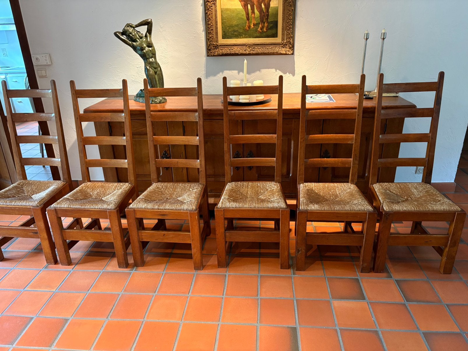 6 massief eiken stoelen met rieten zitting, Enlèvement