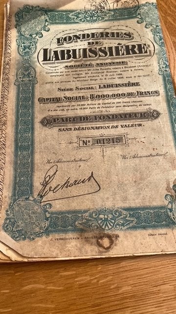 oud aandeel scripofilie Fonderies Labuissiere 1928., Antiek en Kunst, Ophalen