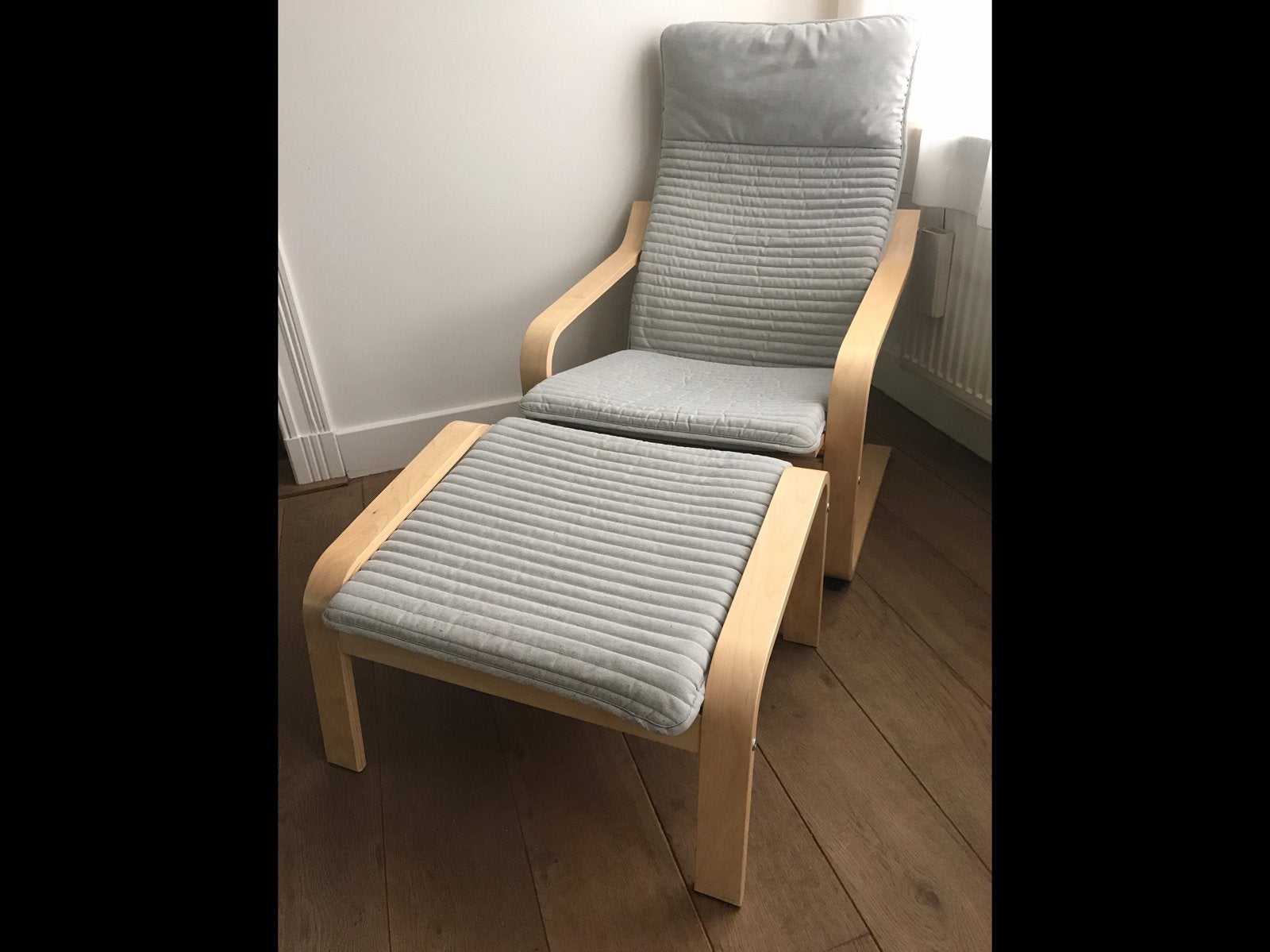Ikea Poang Set zetel + voetbank poef naturel hout grijs stof, Huis en Inrichting, Ophalen, Gebruikt, Hout