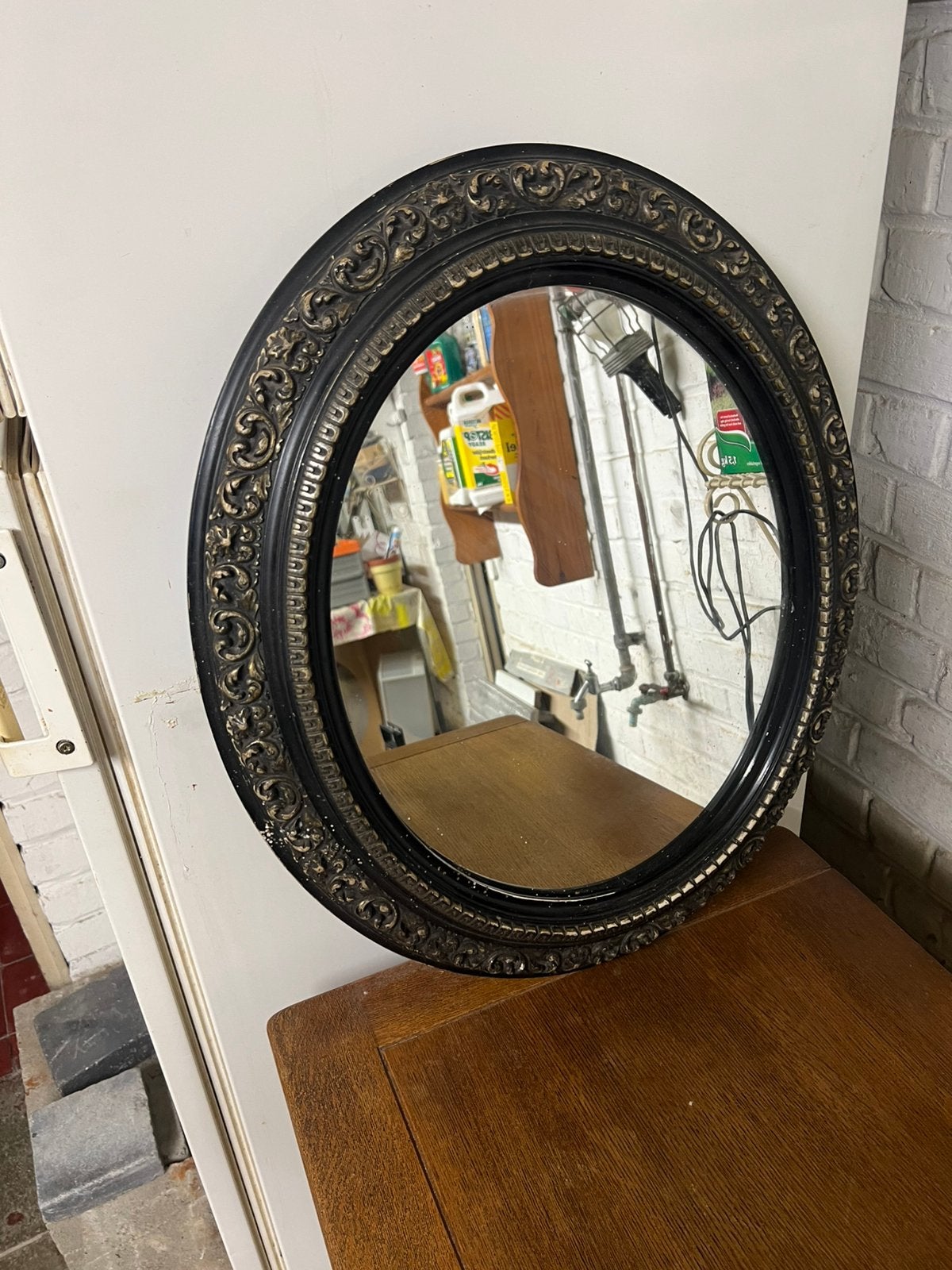 Miroir ovale vintage – cadre noir & doré ornementé, Enlèvement, Ovale