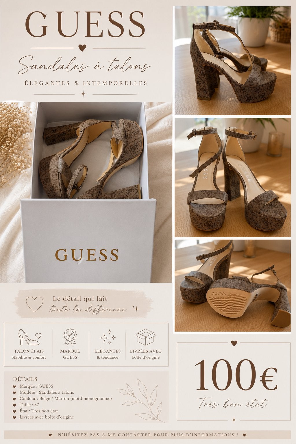 Sandales à talons GUESS – Taille 37 – Comme neuves, Vêtements | Femmes, Chaussures, Enlèvement ou Envoi, Comme neuf, Beige