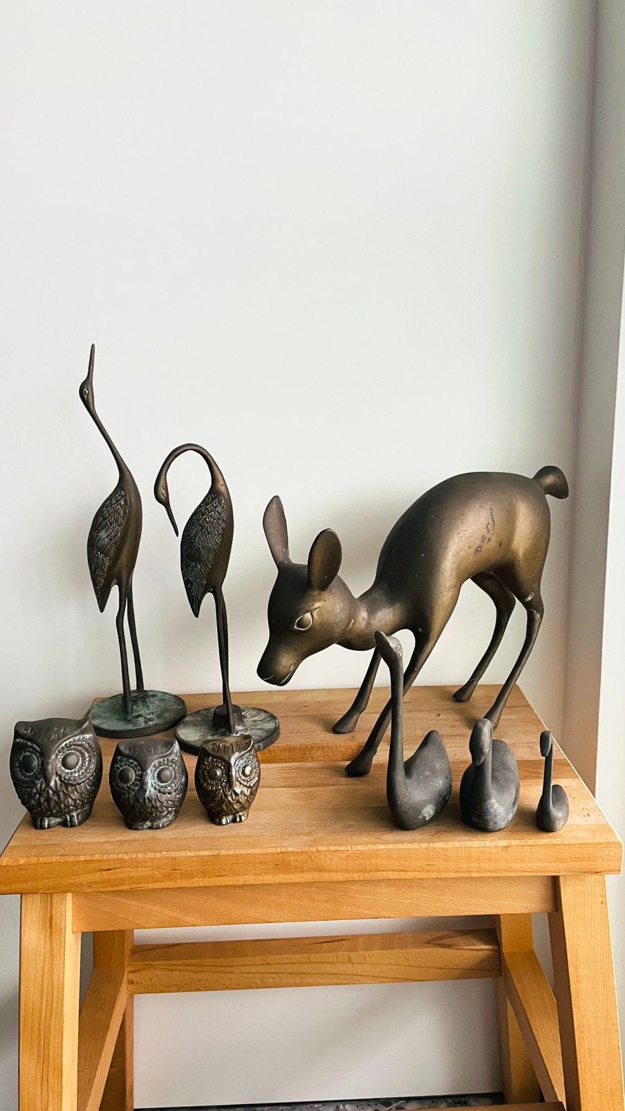 Statues en laiton massif, cerfs, grues, hiboux et cygnes, Antiquités & Art, Enlèvement ou Envoi, Bronze