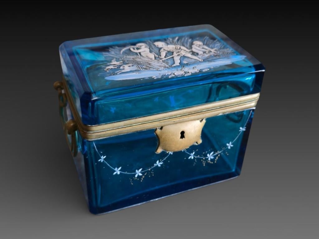 Bohême Moser, blauw geëmailleerde glazen doos 13 x 11 x 8 cm, Antiek en Kunst, Ophalen of Verzenden