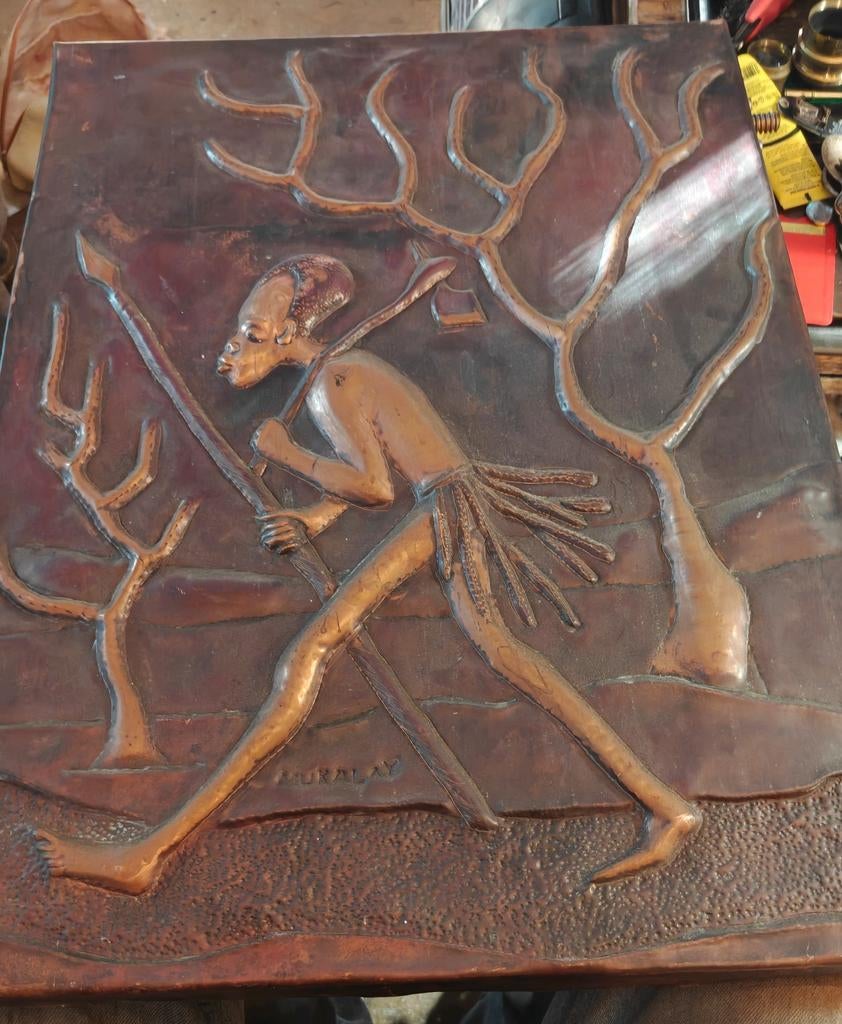 Vintage Koperen Wandplaat Congo – Afrikaanse Jager, Antiek en Kunst, Ophalen
