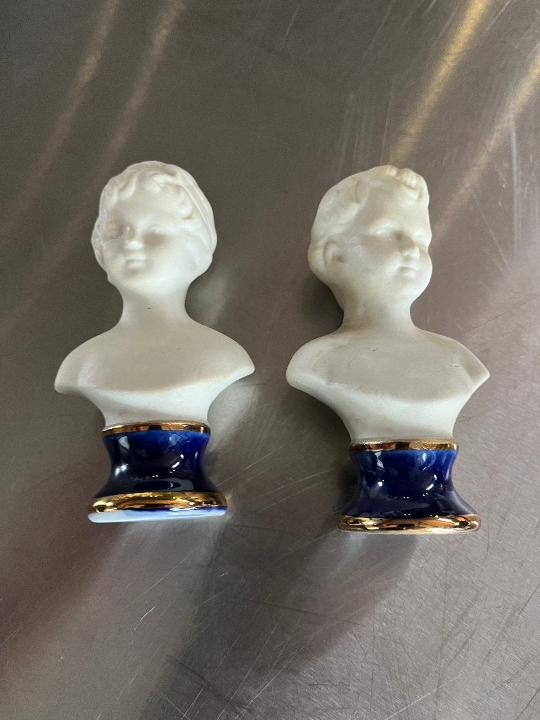 Paar vintage biscuit porseleinen kinderbustes (blauw/goud), Ophalen of Verzenden