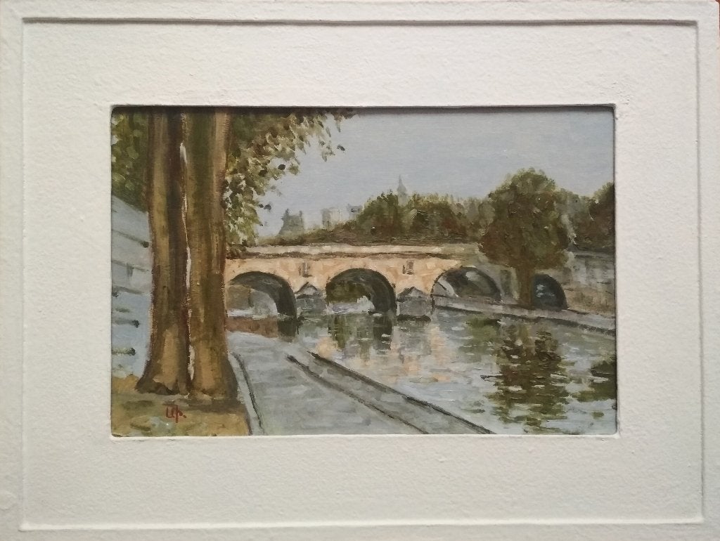 « Pont urbain sur la rivière », Antiquités & Art, Art | Peinture | Moderne, Textile, Peinture à l'huile, Paysage urbain, Passe-partout