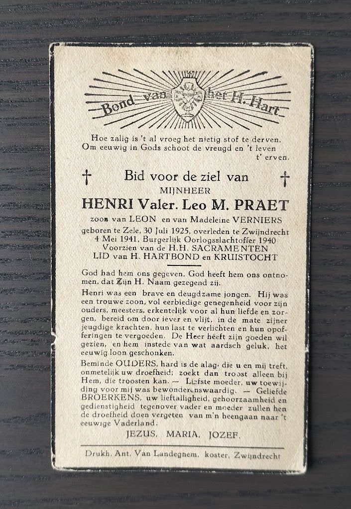 Slachtoffer WO II - Zele - Zwijndrecht '41 - slachtoffer '40, Verzamelen, Bidprentjes en Rouwkaarten, Verzenden, Bidprentje