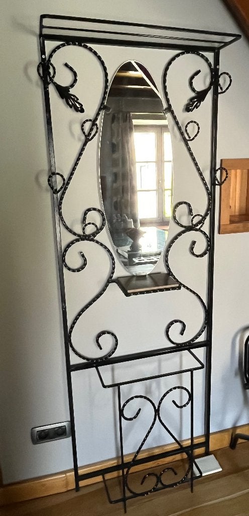 Vestiaire d entrée en fer forgé noir avec miroir oval, Antiquités & Art, Enlèvement, Ovale, 50 à 100 cm, 150 à 200 cm