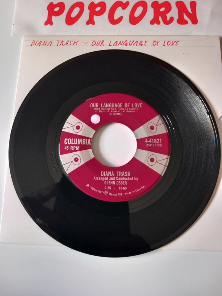 DIANA TRASK. OUR LANGUAGE OF LOVE.  POPCORN OLDIES USA 45T