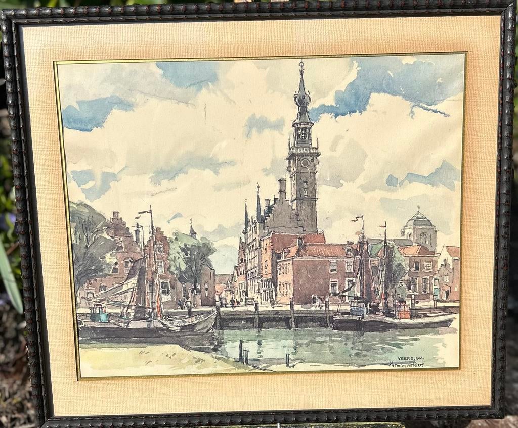 Aquarel Herman Verbaere – Veere havenzicht – Nederland., Enlèvement