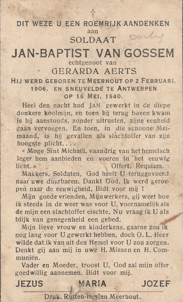 Gesneuvelde  Jan Baptist Van Gossem Antwerpen 16.05.1940, Verzamelen, Verzenden