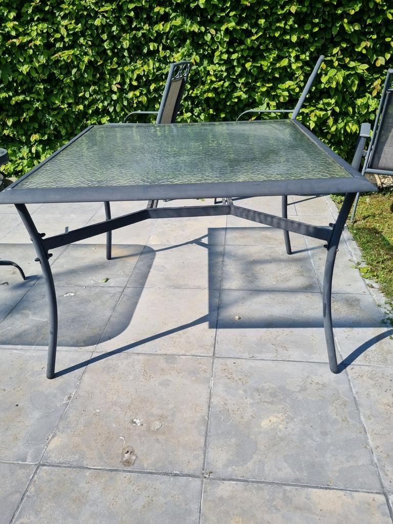 Vierkante glazen tafel 110x110x77, Tuin en Terras, Ophalen