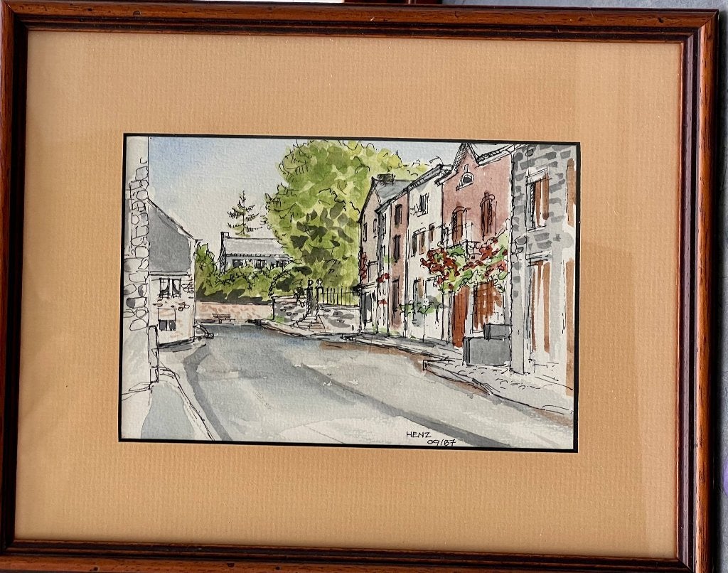 Olne 6 aquarelles de Henz, village et église St-Sébastien, Antiquités & Art, Aquarelle, Enlèvement, Autres styles, Sous verre