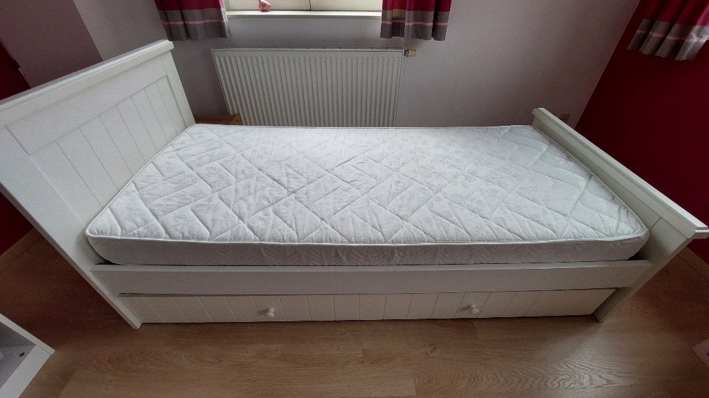 Lit 1 personne en bois blanc 90x200 + sommier + grand tiroir, 90 cm, Une personne, Enlèvement, Utilisé