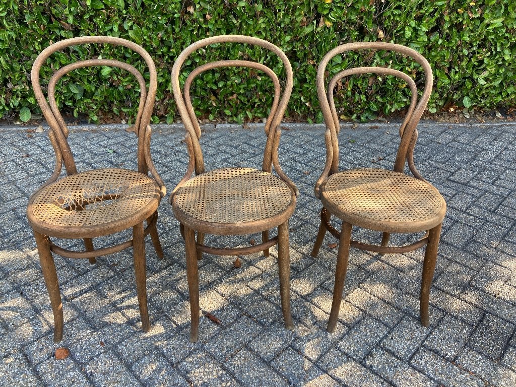 3 Stoelen met geweven rotan (Jacob & Josef Kohn) +- 1900, Trois, Brun, Enlèvement, Utilisé