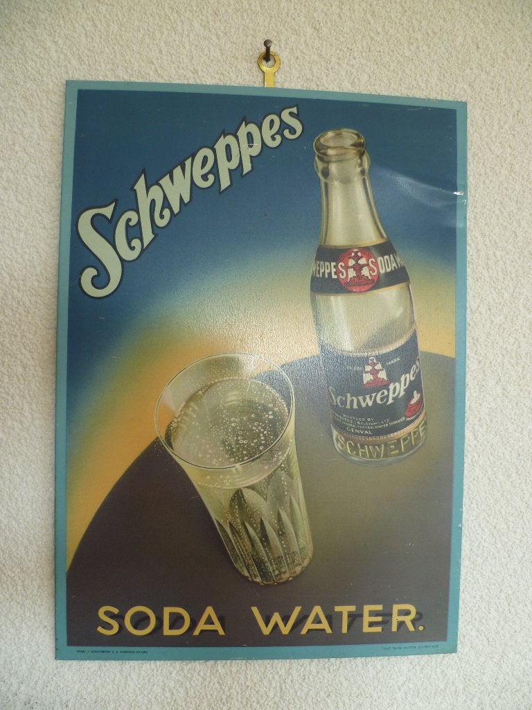 BLIKKEN RECLAMEBORDJE"SCHWEPPES SODA WATER"UIT 1956, Collections, Enlèvement ou Envoi, Utilisé, Panneau publicitaire