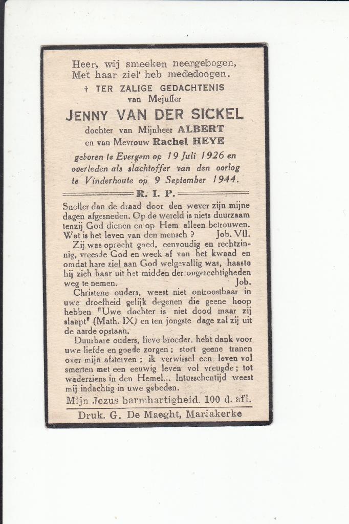 Slachtoffer WO II - Evergem - overleden te Vinderhoute 1944, Verzamelen, Bidprentjes en Rouwkaarten, Verzenden, Bidprentje