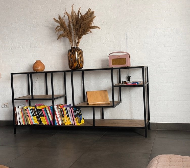 Industriële rek kast mangohout zwart metaal 170 cm, Ophalen, Zo goed als nieuw
