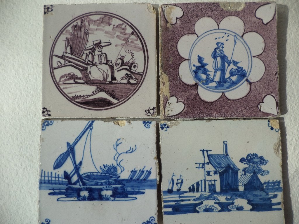 Vier antieke Delftse tegels Mangaan en blauw Sint-Franciscus, Ophalen of Verzenden