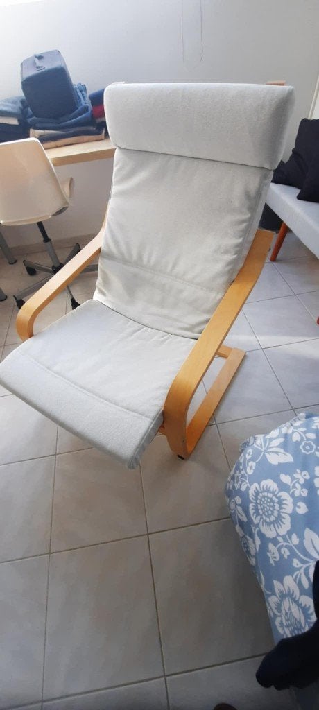 Relax zetel Ikea Poäng fauteuil, berkenhout met beige stof., Ophalen, Eenpersoons, 75 tot 100 cm, Zo goed als nieuw