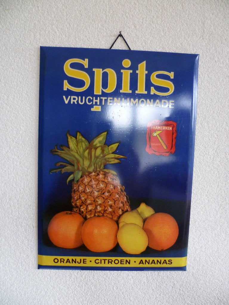 BLIKKEN RECLAMEBORD"SPITS VRUCHTEN LIMONADE"UIT 1951, Ophalen of Verzenden, Zo goed als nieuw, Reclamebord