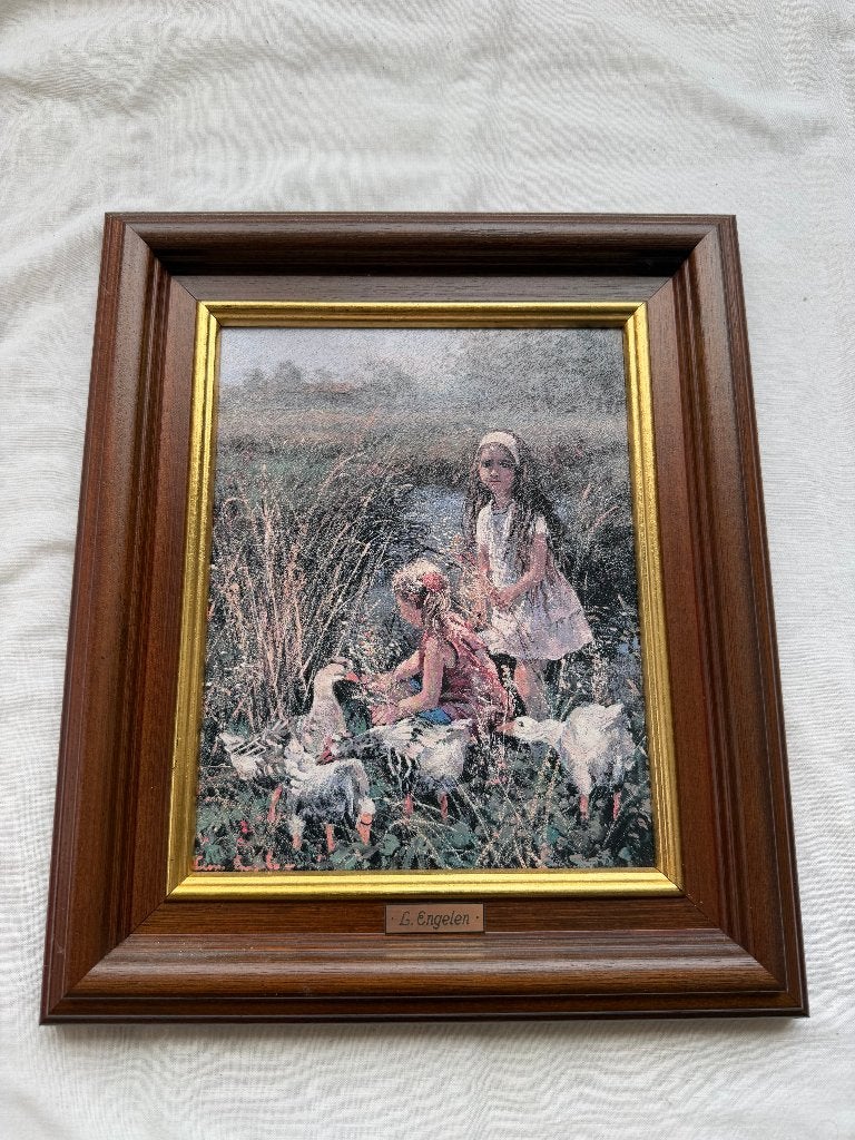 Peinture « Deux filles avec des oies » de Leon Engelen, Antiquités & Art, Enlèvement, Classique, Encadré, Animaux