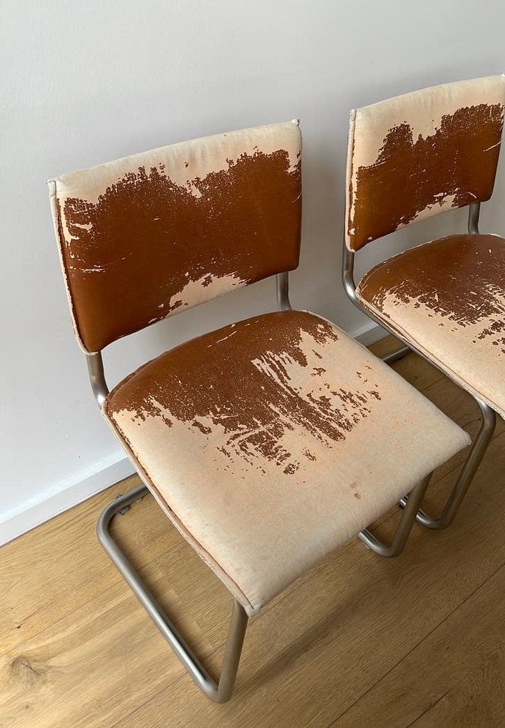 Vintage stoelen 6x, Gebruikt, Bruin, Kunststof, Vijf, Zes of meer stoelen