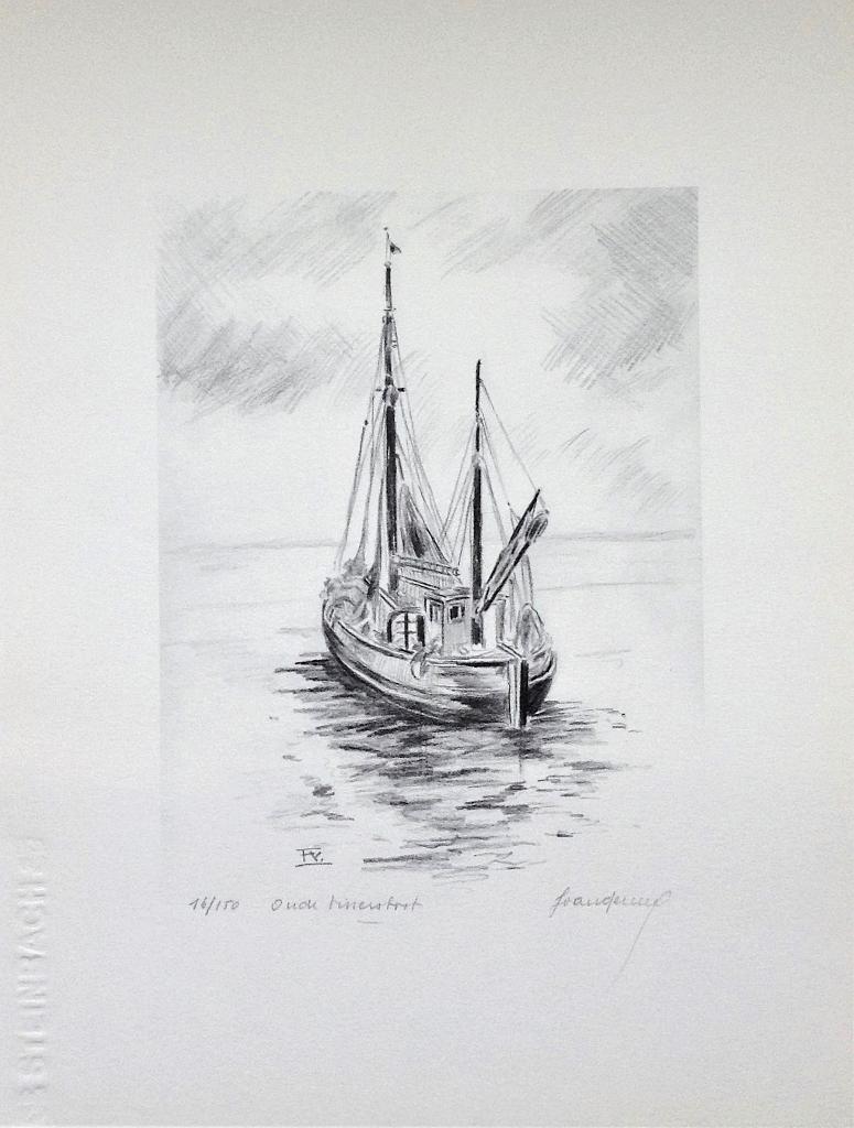 Ets ‘Oude vissersboot’ Frans Vanderveken, Antiek en Kunst, Dagelijks leven, Ophalen of Verzenden, Gesigneerd, 36 cm