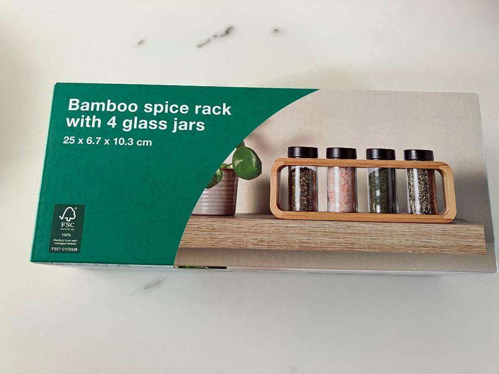 Bamboe kruidenrek met 4 glazen potjes nieuw, Ophalen, Nieuw