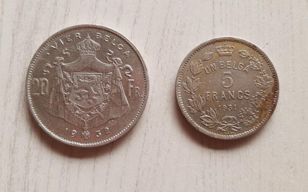 België 20Fr./4Belga 1932 + 5Francs/1Belga 1931, Envoi, Autre, Série