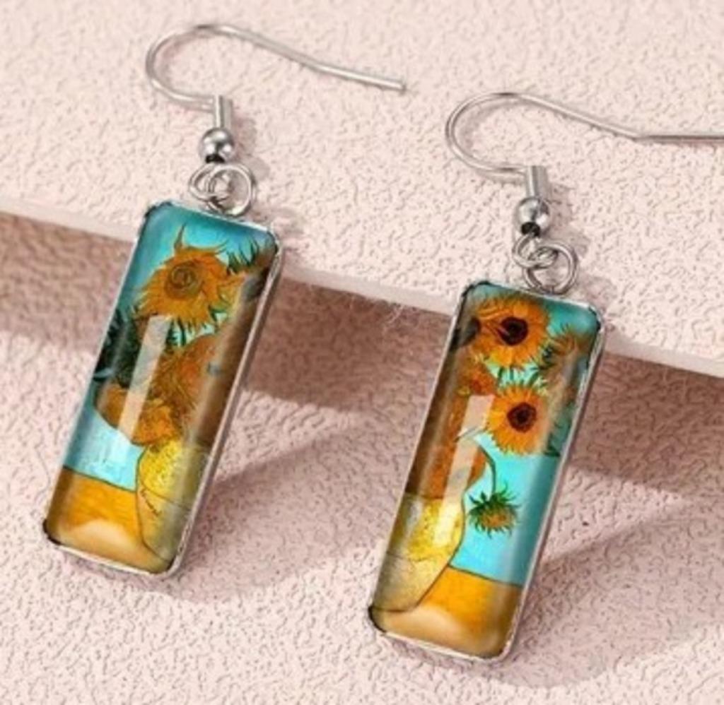 RVS oorbellen Van Goghs zonnebloemen, Neuf, Autres matériaux, Argent, Pendantes