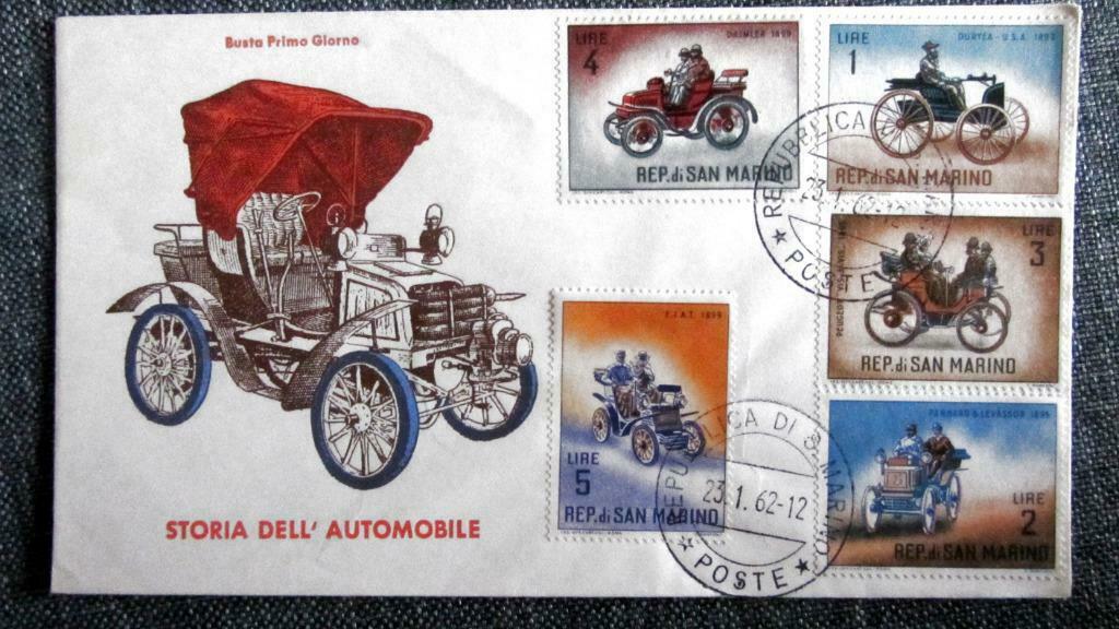 FDC-VERVOERMIDDELEN-TRAM-TREIN-AUTO-KOETS-FIETS-SAN MARINO, Ophalen of Verzenden, Gestempeld, Auto's