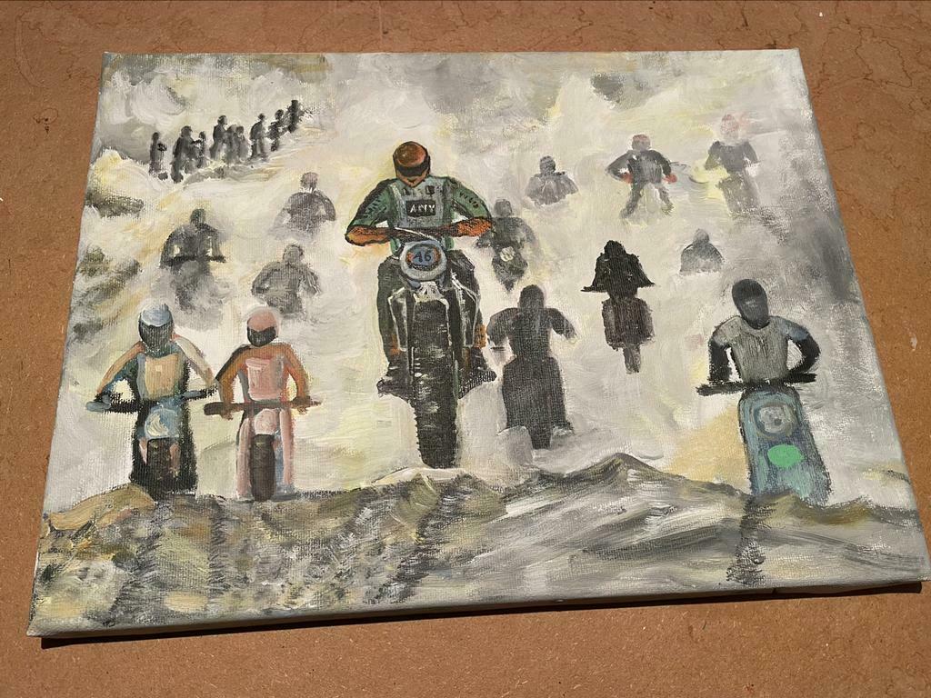 Peinture Motards en action 40 x 30 cl, Enlèvement ou Envoi, Comme neuf, Peinture