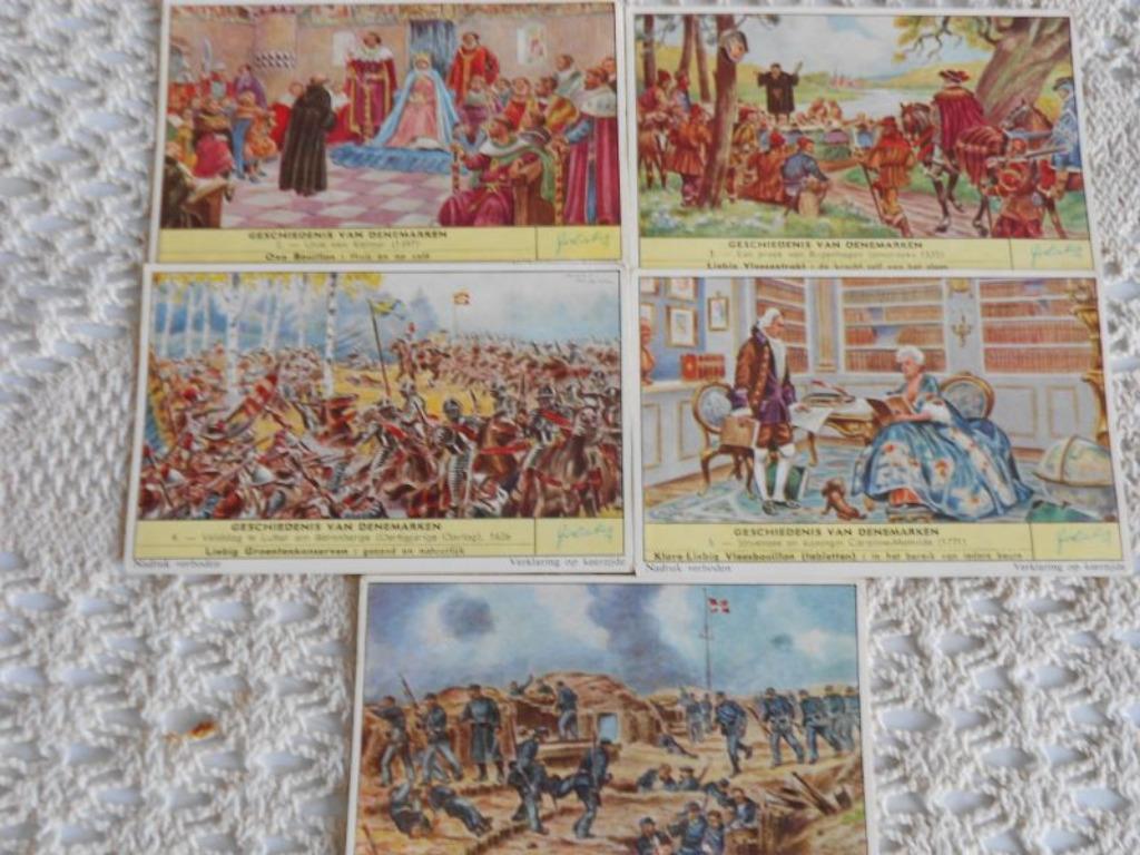 5 Liebigprenten uit de reeks "Geschiedenis van Denemarken", Ophalen of Verzenden, Gebruikt, Overige onderwerpen, Prent