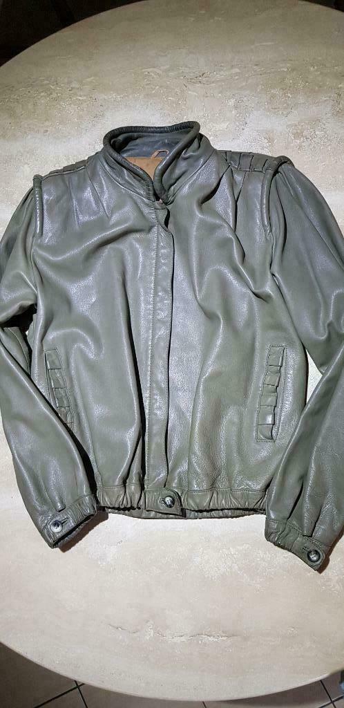 Veste vintage en cuir kaki L, Vintage, Enlèvement ou Envoi, Porté, Taille 42/44 (L)