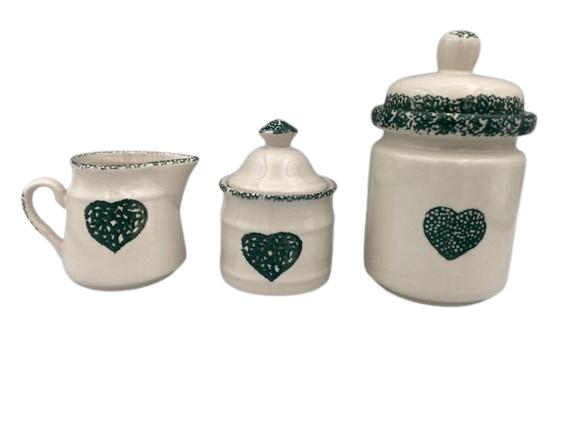 Landelijke koffieset met groene hartjes – 9-delig – keramiek, Huis en Inrichting, Keuken | Servies, Gebruikt, -, Keramiek, -