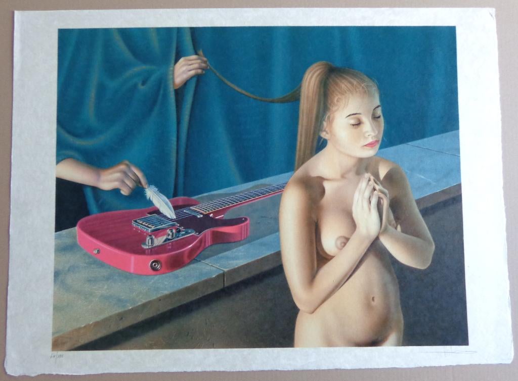 BERNARD MOLDAWAN / NAAKTE VROUW GITAAR / KLEURLITHO 56x76cm, Enlèvement ou Envoi