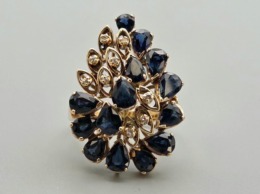 Gouden vintage ring edelsteen saffier en diamanten. 2025/798, Bijoux, Sacs & Beauté, Bijoux anciens, Envoi, Or, Bague, Avec pierre précieuse
