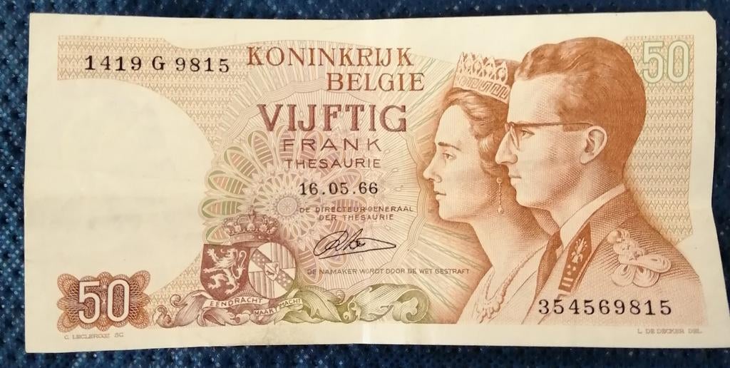 Bank biljet vijftig frank 1966, Ophalen of Verzenden