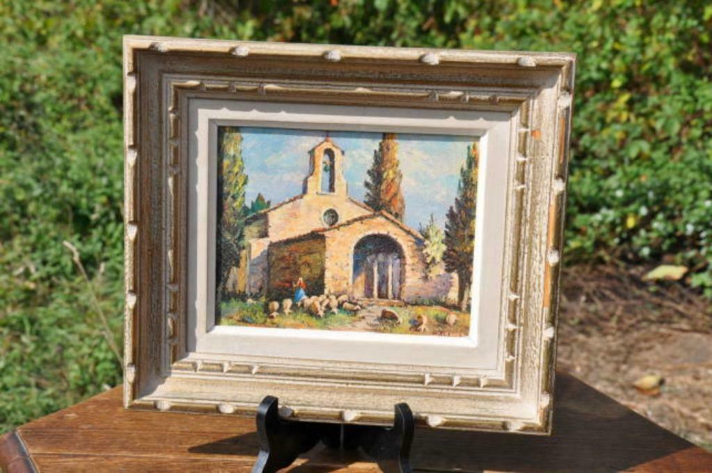 Reproduction plastifier cadre bois devant l'eglise, Ophalen of Verzenden