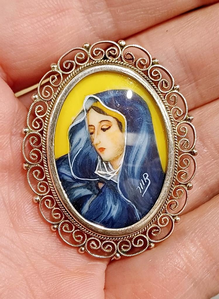 Zilveren,Broche/hanger met handgeschilderd portret Maria, Bijoux, Sacs & Beauté, Broches, Enlèvement ou Envoi, Comme neuf, Argent