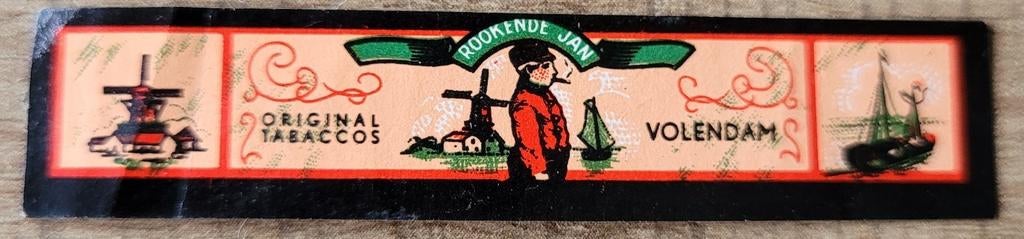 Oud sigarenbandje: Rookende Jan - Volendam, Enlèvement ou Envoi, Utilisé, Bagues de cigare