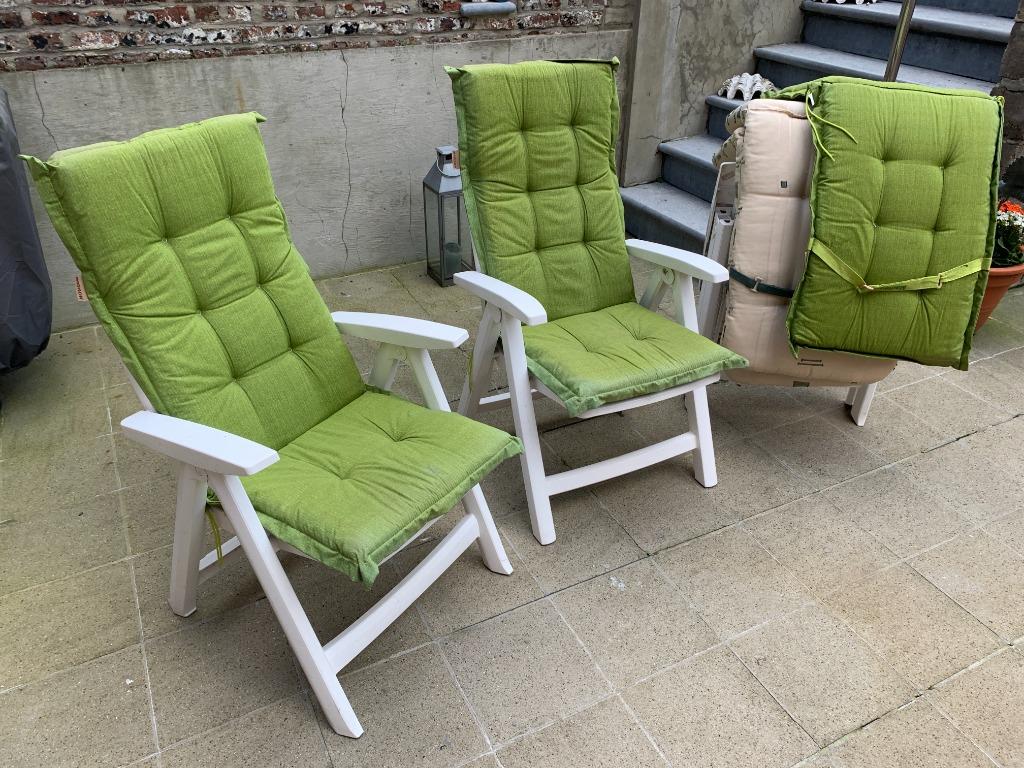 3 Tuinstoelen pvc wit met 5 kussens, Enlèvement, Comme neuf, Synthétique, Ajustable