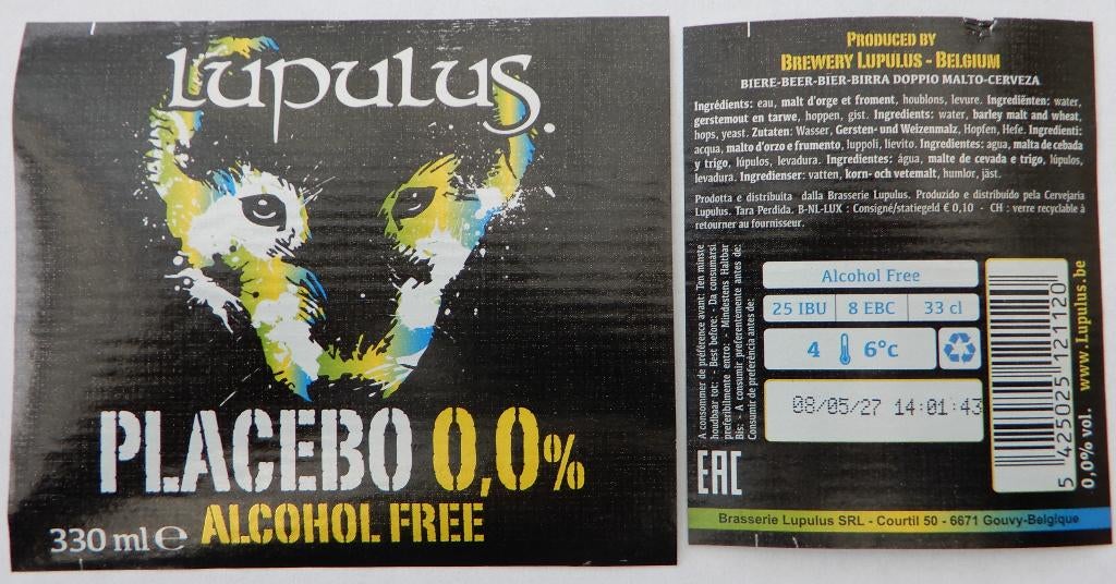 Bieretiket Lupulus placebo 0,0% Brouwerij Lupulus 11v9, Verzamelen, Biermerken, Verzenden, Gebruikt