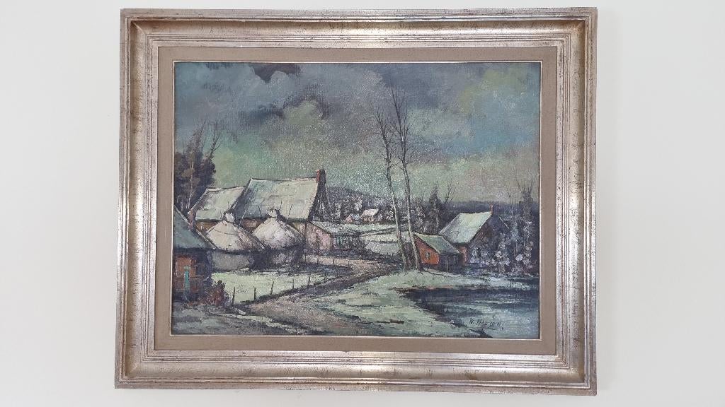 Schilderij huisjes, door W. Hoesen, Antiek en Kunst, Ophalen
